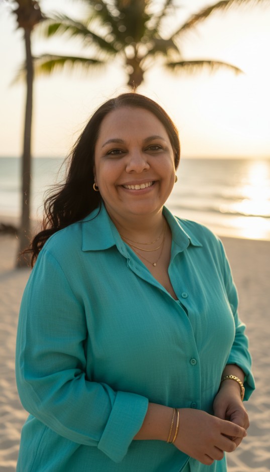 Allinta Rose, founder of Apply Coach, smiling on the beach
