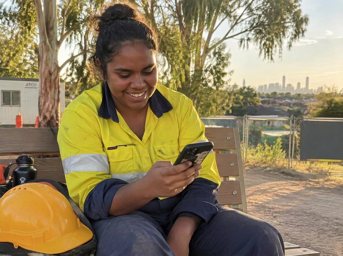 An Aboriginal tradeswoman in hi-vis smiling at her phone on a Brisbane worksite